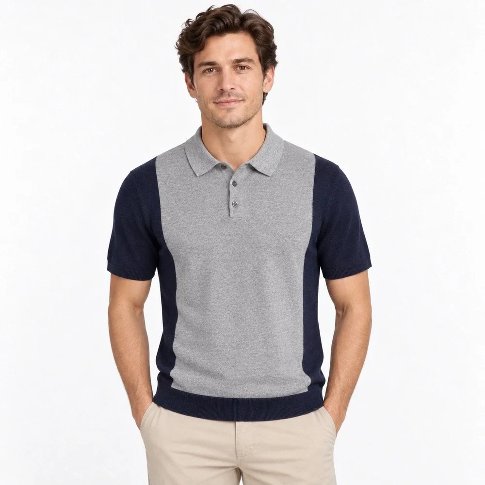 Banana Republic L Cotton Cashmere Polo Sweater Navy Gray Colorblock Preppy